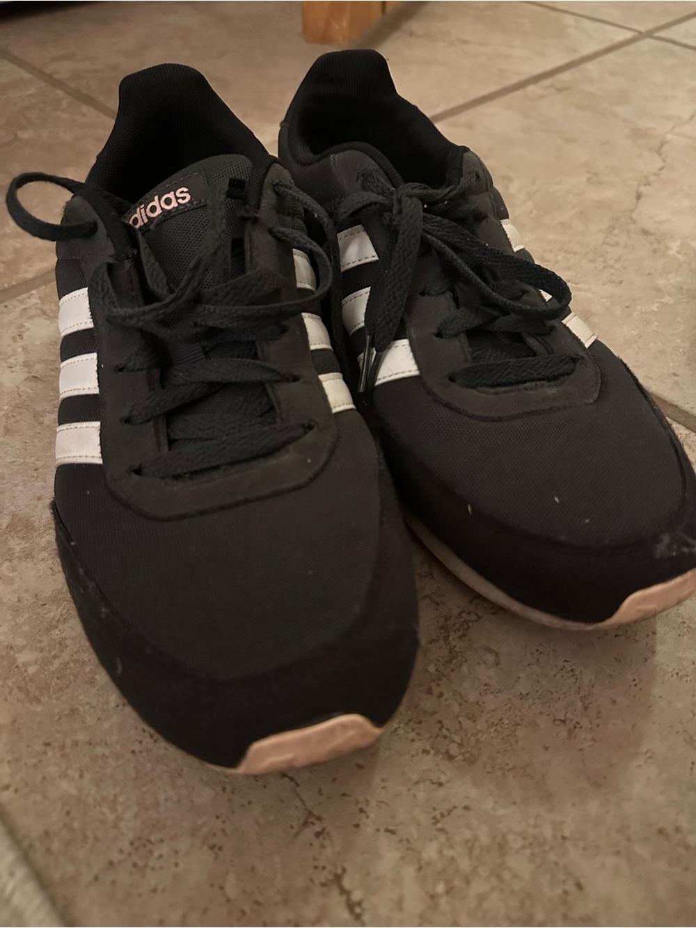 Adidas Wonen’s Black Sneakers with White Stripes and Pink Soles
